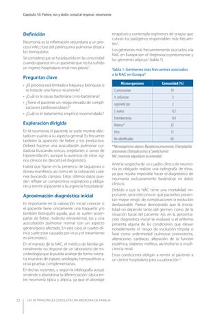 LAS 50 principALeS conSuLtAS en medicinA de fAmiLiA
Capítulo 10. Fiebre, tos y dolor costal al respirar: neumonía
72
Deﬁnición
Neumonía es la inﬂamación secundaria a un pro-
ceso infeccioso del parénquima pulmonar distal a
los bronquíolos.
Se considera que se ha adquirido en la comunidad
cuando aparece en un paciente que no ha sufrido
un ingreso hospitalario en el mes previo1
.
Preguntas clave
• ¿El proceso está limitado a tráquea y bronquios o
se trata de una franca neumonía?
• ¿Cuál es la causa, bacteriana o no-bacteriana?
• ¿Tiene el paciente un riesgo elevado de compli-
caciones cardiovasculares?2
• ¿Cuál es el tratamiento empírico recomendado?
Exploración dirigida
En la neumonía, el paciente se suele mostrar afec-
tado en cuanto a su aspecto general. Es frecuente
también la aparición de ﬁebre y tos productiva.
Deberá hacerse una auscultación pulmonar cui-
dadosa buscando roncus, crepitantes o zonas de
hipoventilación, aunque la ausencia de estos sig-
nos clínicos no descarta el diagnóstico.
Habrá que ﬁjarse en la presencia de taquipnea o
disnea maniﬁesta, así como en la coloración cutá-
nea buscando cianosis. Estos últimos datos pue-
den reﬂejar un compromiso respiratorio y obliga-
rán a remitir al paciente a la urgencia hospitalaria2
.
Aproximación diagnóstica inicial
Es importante en la valoración inicial conocer si
el paciente tiene únicamente una traqueitis y/o
también bronquitis aguda, que se suelen acom-
pañar de ﬁebre, molestia retroesternal, tos y una
auscultación pulmonar normal con un aspecto
general poco afectado. En este caso, el cuadro clí-
nico suele estar causado por virus y el tratamiento
es sintomático.
En el manejo de la NAC, el médico de familia ge-
neralmente no dispone de un laboratorio de mi-
crobiología que le pueda analizar de forma rutina-
ria muestras de esputo, serologías, hemocultivos u
otras pruebas complementarias.
En fechas recientes, y según la bibliografía actual,
se tiende a abandonar la diferenciación clásica en-
tre neumonía típica y atípica, ya que el abordaje
terapéutico contempla regímenes de terapia que
cubran los patógenos responsables más frecuen-
tes3
.
Los gérmenes más frecuentemente asociados a la
NAC en Europa son el Streptococco pneumoniae y
los gérmenes atípicos4
(tabla 1).
Ante la sospecha de un cuadro clínico de neumo-
nía es obligado realizar una radiografía de tórax,
ya que resulta imposible hacer el diagnóstico de
neumonía exclusivamente basándose en datos
clínicos.
Debido a que la NAC tiene una mortalidad im-
portante, sería útil conocer qué pacientes presen-
tan mayor riesgo de complicaciones o evolución
desfavorable. Parece demostrado que la morta-
lidad no depende tanto del germen como de la
situación basal del paciente. Así, en la aproxima-
ción diagnóstica inicial se evaluará si el enfermo
presenta alguna de las condiciones que elevan
notablemente el riesgo de evolución tórpida o
fatal como enfermedad pulmonar preexistente,
alteraciones cardíacas, alteración de la función
esplénica, diabetes mellitus, alcoholismo o insuﬁ-
ciencia renal.
Estas condiciones obligan a remitir al paciente a
un centro hospitalario para su valoración1,5
.
Tabla 1. Gérmenes más frecuentes asociados
a la NAC en Europa4
Microorganismo Comunidad (%)
S.pneumoniae 19
H.inﬂuenzae 3
Legionellaspp 2
S.aureus 0,2
Enterobacterias 0,4
Atípicos* 22
Virus 12
No-identiﬁcados 60
* Microorganismos atípicos: Mycoplasmapneumoniae,Chlamydophila
pneumoniae,Chlamydiapsittaci y Coxiellaburnetii.
NAC: neumonía adquirida en la comunidad.
 