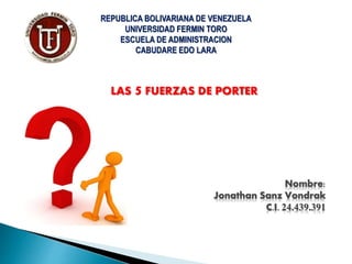 REPUBLICA BOLIVARIANA DE VENEZUELA
UNIVERSIDAD FERMIN TORO
ESCUELA DE ADMINISTRACION
CABUDARE EDO LARA
LAS 5 FUERZAS DE PORTER
Nombre:
Jonathan Sanz Vondrak
C.I. 24.439.391
 