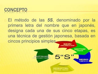CONCEPTO
El método de las 5S, denominado por la
primera letra del nombre que en japonés,
designa cada una de sus cinco etapas, es
una técnica de gestión japonesa, basada en
cincos principios simples.
 