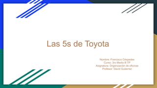 Las 5s de Toyota
Nombre: Francisco Céspedes
Curso: 3ro Medio B TP
Asignatura: Organización de oficinas
Profesor: David Gutierrez
 