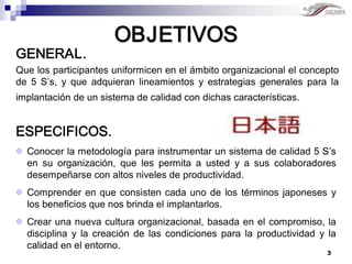 OBJETIVOS 
GENERAL. 
Que los participantes uniformicen en el ámbito organizacional el concepto 
de  5  S’s,  y  que  adquieran  lineamientos  y  estrategias  generales  para  la 
implantación de un sistema de calidad con dichas características. 


ESPECIFICOS. 
X  Conocer la metodología para instrumentar un sistema de calidad 5 S’s 
   en  su  organización,  que  les  permita  a  usted  y  a  sus  colaboradores 
   desempeñarse con altos niveles de productividad. 
X  Comprender  en  que  consisten  cada  uno  de  los  términos  japoneses  y 
   los beneficios que nos brinda el implantarlos. 
X  Crear una nueva cultura organizacional, basada en el compromiso, la 
   disciplina  y  la  creación  de  las  condiciones  para  la  productividad  y  la 
   calidad en el entorno.
                                                                                 3 
 