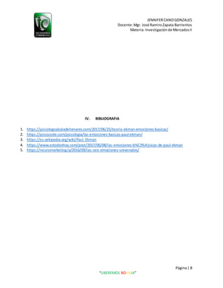 JENNIFERCANOGONZALES
Docente:Mgr. José RamiroZapata Barrientos
Materia: Investigaciónde MercadosII
Página| 8
“LIBEREMOS BOLIVIA”
IV. BIBLIOGRAFIA
1. https://psicologoalcaladehenares.com/2017/06/25/teoria-ekman-emociones-basicas/
2. https://psicocode.com/psicologia/las-emociones-basicas-paul-ekman/
3. https://es.wikipedia.org/wiki/Paul_Ekman
4. https://www.estodoxhoy.com/post/2017/06/08/las-emociones-b%C3%A1sicas-de-paul-ekman
5. https://neuromarketing.la/2016/09/las-seis-emociones-universales/
 