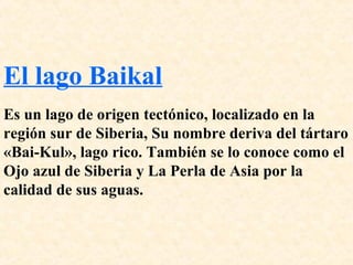 El lago Baikal 
Es un lago de origen tectónico, localizado en la 
región sur de Siberia, Su nombre deriva del tártaro 
«Bai-Kul», lago rico. También se lo conoce como el 
Ojo azul de Siberia y La Perla de Asia por la 
calidad de sus aguas. 
 
