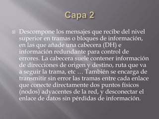  Descompone los mensajes que recibe del nivel
superior en tramas o bloques de información,
en las que añade una cabecera (DH) e
información redundante para control de
errores. La cabecera suele contener información
de direcciones de origen y destino, ruta que va
a seguir la trama, etc … También se encarga de
transmitir sin error las tramas entre cada enlace
que conecte directamente dos puntos físicos
(nodos) adyacentes de la red, y desconectar el
enlace de datos sin pérdidas de información.
 