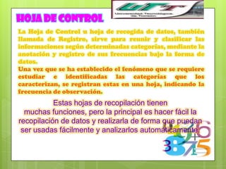 Hoja de control
La Hoja de Control u hoja de recogida de datos, también
llamada de Registro, sirve para reunir y clasificar las
informaciones según determinadas categorías, mediante la
anotación y registro de sus frecuencias bajo la forma de
datos.
Una vez que se ha establecido el fenómeno que se requiere
estudiar e identificadas las categorías que los
caracterizan, se registran estas en una hoja, indicando la
frecuencia de observación.
           Estas hojas de recopilación tienen
  muchas funciones, pero la principal es hacer fácil la
recopilación de datos y realizarla de forma que puedan
 ser usadas fácilmente y analizarlos automáticamente.
 