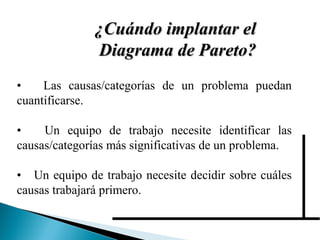 ¿CCuuáánnddoo iimmppllaannttaarr eell 
DDiiaaggrraammaa ddee PPaarreettoo?? 
• Las causas/categorías de un problema puedan 
cuantificarse. 
• Un equipo de trabajo necesite identificar las 
causas/categorías más significativas de un problema. 
• Un equipo de trabajo necesite decidir sobre cuáles 
causas trabajará primero. 
 