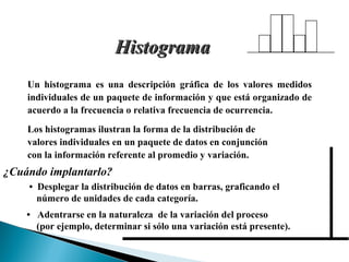 HHiissttooggrraammaa 
Un histograma es una descripción gráfica de los valores medidos 
individuales de un paquete de información y que está organizado de 
acuerdo a la frecuencia o relativa frecuencia de ocurrencia. 
Los histogramas ilustran la forma de la distribución de 
valores individuales en un paquete de datos en conjunción 
con la información referente al promedio y variación. 
¿Cuándo implantarlo? 
• Desplegar la distribución de datos en barras, graficando el 
número de unidades de cada categoría. 
• Adentrarse en la naturaleza de la variación del proceso 
(por ejemplo, determinar si sólo una variación está presente). 
 