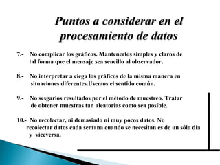 PPuunnttooss aa ccoonnssiiddeerraarr eenn eell 
pprroocceessaammiieennttoo ddee ddaattooss 
7.- No complicar los gráficos. Mantenerlos simples y claros de 
tal forma que el mensaje sea sencillo al observador. 
8.- No interpretar a ciega los gráficos de la misma manera en 
situaciones diferentes.Usemos el sentido común. 
9.- No sesgarlos resultados por el método de muestreo. Tratar 
de obtener muestras tan aleatorias como sea posible. 
10.- No recolectar, ni demasiado ni muy pocos datos. No 
recolectar datos cada semana cuando se necesitan es de un sólo día 
y viceversa. 
 
