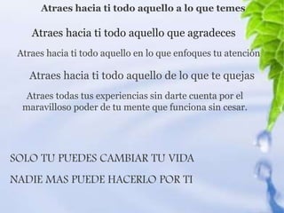 Atraes hacia ti todo aquello a lo que temes

    Atraes hacia ti todo aquello que agradeces
 Atraes hacia ti todo aquello en lo que enfoques tu atención

   Atraes hacia ti todo aquello de lo que te quejas
   Atraes todas tus experiencias sin darte cuenta por el
  maravilloso poder de tu mente que funciona sin cesar.




SOLO TU PUEDES CAMBIAR TU VIDA
NADIE MAS PUEDE HACERLO POR TI
 