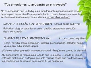 “Tus emociones tu ayudarán en el trayecto”

No es necesario que te dediques a monitorear tus pensamientos todo el
tiempo para saber si estás atrayendo hacia ti cosas buenas o malas, tus
sentimientos son los mejores ayudantes ya que ellos te dirán:

  CUANDO TE ESTÁS SINTIENDO BIEN Atraes cosas positivas
  Felicidad, alegría, optimismo, amor, pasión, esperanza, emoción,
  risas, compasión

  CUANDO TE ESTÁS SINTIENDO MAL                     Atraes cosas negativas
  Enojo, envidia, rabia, depresión, tristeza, preocupación, soledad, culpa,
  vergüenza, odio, miedo, apatía.
¿Quieres saber que estás atrayendo ahora? Pregúntate ¿cómo te sientes?
Ahí encontrarás la respuesta a todo lo que te sucede... Si todo el tiempo
estás de mal humor, es lógico que solo recibas cosas que no deseas o que
tus condiciones de vida no sean como tu las desearías
 