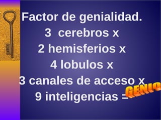 Factor de genialidad. 3  cerebros x 2 hemisferios x  4 lobulos x 3 canales de acceso x 9 inteligencias = GENIO 