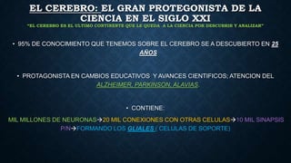 EL CEREBRO: EL GRAN PROTEGONISTA DE LA
CIENCIA EN EL SIGLO XXI

“EL CEREBRO ES EL ULTIMO CONTINENTE QUE LE QUEDA A LA CIENCIA POR DESCUBRIR Y ANALIZAR”

• 95% DE CONOCIMIENTO QUE TENEMOS SOBRE EL CEREBRO SE A DESCUBIERTO EN 25
AÑOS

• PROTAGONISTA EN CAMBIOS EDUCATIVOS Y AVANCES CIENTIFICOS; ATENCION DEL
ALZHEIMER, PARKINSON, ALAVIAS.

• CONTIENE:
MIL MILLONES DE NEURONAS20 MIL CONEXIONES CON OTRAS CELULAS10 MIL SINAPSIS
P/NFORMANDO LOS GLIALES ( CELULAS DE SOPORTE)

 