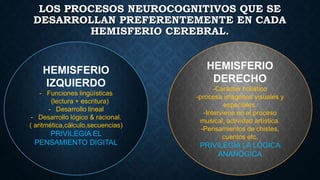 LOS PROCESOS NEUROCOGNITIVOS QUE SE
DESARROLLAN PREFERENTEMENTE EN CADA
HEMISFERIO CEREBRAL.

HEMISFERIO
IZQUIERDO
- Funciones lingüísticas
(lectura + escritura)
- Desarrollo lineal
- Desarrollo lógico & racional.
( aritmética,cálculo,secuencias)

PRIVILEGIA EL
PENSAMIENTO DIGITAL

HEMISFERIO
DERECHO
-Carácter holístico
-procesa imágenes visuales y
espaciales.
-Interviene en el proceso
musical, actividad artística.
-Pensamientos de chistes,
cuentos etc.

PRIVILEGIA LA LÓGICA
ANAÑÓGICA

 