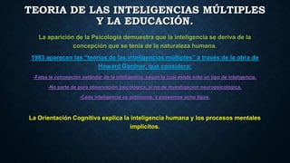 TEORIA DE LAS INTELIGENCIAS MÚLTIPLES
Y LA EDUCACIÓN.
La aparición de la Psicología demuestra que la inteligencia se deriva de la
concepción que se tenia de la naturaleza humana.
1983 aparecen las “teorías de las inteligencias múltiples” a través de la obra de
Howard Gardner, que considera:
-Falsa la concepción estándar de la inteligencia, según la cual existe solo un tipo de inteligencia.
-No parte de pura observación psicológica, si no de investigación neuropsicológica.
-Cada inteligencia es autónoma, y poseemos ocho tipos.

La Orientación Cognitiva explica la inteligencia humana y los procesos mentales
implícitos.

 