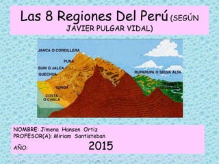Las 8 Regiones Del Perú (SEGÚN
JAVIER PULGAR VIDAL)
NOMBRE: Jimena Hansen Ortiz
PROFESOR(A): Miriam Santisteban
AÑO: 2015
 