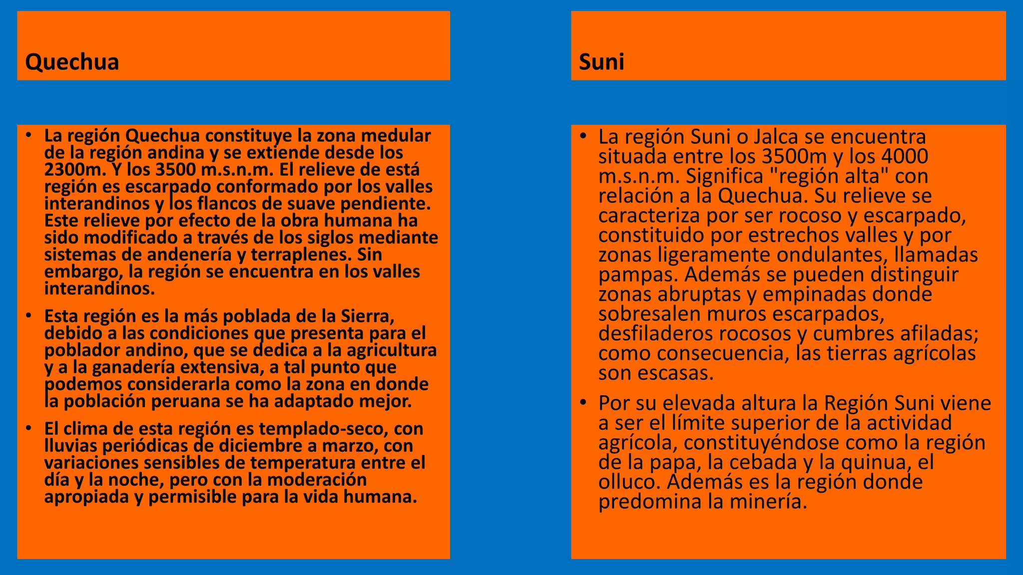 Quechua
• La región Quechua constituye la zona medular
de la región andina y se extiende desde los
2300m. Y los 3500 m.s.n.m. El relieve de está
región es escarpado conformado por los valles
interandinos y los flancos de suave pendiente.
Este relieve por efecto de la obra humana ha
sido modificado a través de los siglos mediante
sistemas de andenería y terraplenes. Sin
embargo, la región se encuentra en los valles
interandinos.
• Esta región es la más poblada de la Sierra,
debido a las condiciones que presenta para el
poblador andino, que se dedica a la agricultura
y a la ganadería extensiva, a tal punto que
podemos considerarla como la zona en donde
la población peruana se ha adaptado mejor.
• El clima de esta región es templado-seco, con
lluvias periódicas de diciembre a marzo, con
variaciones sensibles de temperatura entre el
día y la noche, pero con la moderación
apropiada y permisible para la vida humana.
Suni
• La región Suni o Jalca se encuentra
situada entre los 3500m y los 4000
m.s.n.m. Significa "región alta" con
relación a la Quechua. Su relieve se
caracteriza por ser rocoso y escarpado,
constituido por estrechos valles y por
zonas ligeramente ondulantes, llamadas
pampas. Además se pueden distinguir
zonas abruptas y empinadas donde
sobresalen muros escarpados,
desfiladeros rocosos y cumbres afiladas;
como consecuencia, las tierras agrícolas
son escasas.
• Por su elevada altura la Región Suni viene
a ser el límite superior de la actividad
agrícola, constituyéndose como la región
de la papa, la cebada y la quinua, el
olluco. Además es la región donde
predomina la minería.
 