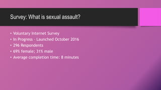 Survey: What is sexual assault?
• Voluntary Internet Survey
• In Progress – Launched October 2016
• 296 Respondents
• 69% female; 31% male
• Average completion time: 8 minutes
 