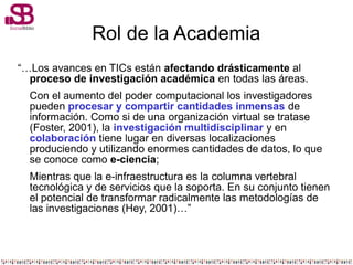 Rol de la Academia
“…Los avances en TICs están afectando drásticamente al
proceso de investigación académica en todas las áreas.
Con el aumento del poder computacional los investigadores
pueden procesar y compartir cantidades inmensas de
información. Como si de una organización virtual se tratase
(Foster, 2001), la investigación multidisciplinar y en
colaboración tiene lugar en diversas localizaciones
produciendo y utilizando enormes cantidades de datos, lo que
se conoce como e-ciencia;
Mientras que la e-infraestructura es la columna vertebral
tecnológica y de servicios que la soporta. En su conjunto tienen
el potencial de transformar radicalmente las metodologías de
las investigaciones (Hey, 2001)…”
 