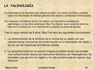 Manuel Glez La Sabana Santa 14 
LA PALINOLOGÍA 
La palinología es la disciplina que estudia el polen y el residuo de flores y plantas, 
cada vez más fáciles de rastrear gracias a los nuevos y poderosos microscopios. 
Con respecto a la Sábana Santa, se realizó una importante investigación 
palinológica en los años setenta por Max Frei Sulzer, quien encontró entre los 
hilos de la Síndone de Turín abundantes muestras de polen de plantas. 
Tras un largo estudio de 9 años, Max Frei saco las siguientes conclusiones: 
1. La contaminación de la Síndone es la normal de un objeto con sus 
características. Incluyendo la contaminación en la fabricación del tejido, y 
tal vez por las sustancias aromáticas usadas. 
2. "La geografía botánica no conoce ninguna localidad donde sea posible 
una contaminación directa por elementos florísticos tan heterogéneos. Es 
indudable que ese lino ha viajado y ha sido contaminado en lugares muy 
diversos". 
 
