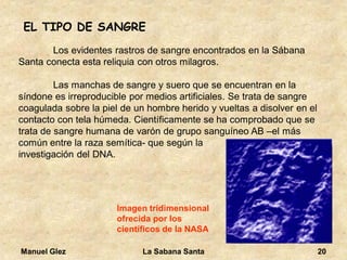 Manuel Glez La Sabana Santa 20 
EL TIPO DE SANGRE 
Los evidentes rastros de sangre encontrados en la Sábana 
Santa conecta esta reliquia con otros milagros. 
Las manchas de sangre y suero que se encuentran en la 
síndone es irreproducible por medios artificiales. Se trata de sangre 
coagulada sobre la piel de un hombre herido y vueltas a disolver en el 
contacto con tela húmeda. Científicamente se ha comprobado que se 
trata de sangre humana de varón de grupo sanguíneo AB –el más 
común entre la raza semítica- que según la 
investigación del DNA. 
Imagen tridimensional 
ofrecida por los 
científicos de la NASA 
 