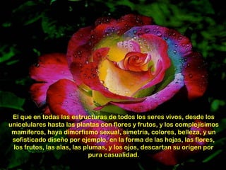 El que en todas las estructuras de todos los seres vivos, desde los
unicelulares hasta las plantas con flores y frutos, y los complejísimos
 mamíferos, haya dimorfismo sexual, simetría, colores, belleza, y un
 sofisticado diseño por ejemplo, en la forma de las hojas, las flores,
 los frutos, las alas, las plumas, y los ojos, descartan su origen por
                             pura casualidad.
 