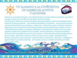 Vivimos en un mundo de energía. Una importante tarea en estos tiempos es aprender a percibir la
energía en cada cual y en todo: sol, mar, gente, plantas, animales.
A continuación ofrecemos una serie de sugerencias para ayudarle a caminar equilibradamente a
través de los años por delante. "Los cambios profetizados se producirán, - mas nuestras actitudes
y acciones determinarán cuan rigurosos o suaves sean. Necesitamos actuar, introducir cambios y
elegir gente que nos represente, que entienda y decida acciones políticas para respetar la Tierra.
“Desarróllense de acuerdo a sus propias tradiciones y al llamado de su corazón, pero recuerden
respetar las diferencias y esforzarse por la unidad. Coman sabiamente. Una gran cantidad de
alimentos está corrompida ya sea en lo sutil o lo denso. Presten atención a lo que pongan dentro
de sus cuerpos. Aprendan a conservar alimentos y a conservar energía. Aprendan buenas
técnicas respiratorias, para mantener un dominio sobre su respiración. Sean claros. Aténganse a
alguna tradición con raíces profundas. No importa cuál sea, su corazón se los dirá, pero debe
tener grandes raíces.
 