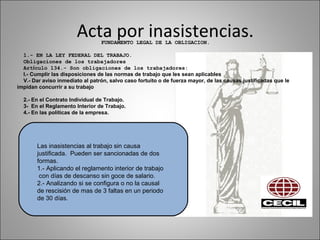 Acta por inasistencias.FUNDAMENTO LEGAL DE LA OBLIGACION.
1.- EN LA LEY FEDERAL DEL TRABAJO.
Obligaciones de los trabajadores
Artículo 134.- Son obligaciones de los trabajadores:
I.- Cumplir las disposiciones de las normas de trabajo que les sean aplicables
V.- Dar aviso inmediato al patrón, salvo caso fortuito o de fuerza mayor, de las causas justificadas que le
impidan concurrir a su trabajo
2.- En el Contrato Individual de Trabajo.
3- En el Reglamento Interior de Trabajo.
4.- En las políticas de la empresa.
Las inasistencias al trabajo sin causa
justificada. Pueden ser sancionadas de dos
formas.
1.- Aplicando el reglamento interior de trabajo
con días de descanso sin goce de salario.
2.- Analizando si se configura o no la causal
de rescisión de mas de 3 faltas en un periodo
de 30 días.
 