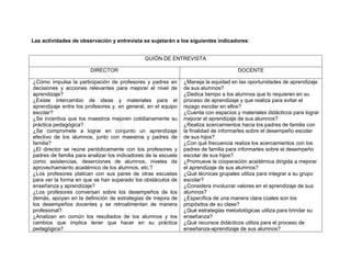 Las actividades de observación y entrevista se sujetarán a los siguientes indicadores:
GUIÓN DE ENTREVISTA
DIRECTOR

DOCENTE

¿Cómo impulsa la participación de profesores y padres en
decisiones y acciones relevantes para mejorar el nivel de
aprendizaje?
¿Existe intercambio de ideas y materiales para el
aprendizaje entre los profesores y, en general, en el equipo
escolar?
¿Se incentiva que los maestros mejoren cotidianamente su
práctica pedagógica?
¿Se compromete a lograr en conjunto un aprendizaje
efectivo de los alumnos, junto con maestros y padres de
familia?
¿El director se reúne periódicamente con los profesores y
padres de familia para analizar los indicadores de la escuela
como asistencias, deserciones de alumnos, niveles de
aprovechamiento académico de los alumnos, etc.?
¿Los profesores platican con sus pares de otras escuelas
para ver la forma en que se han superado los obstáculos de
enseñanza y aprendizaje?
¿Los profesores conversan sobre los desempeños de los
demás, apoyan en la definición de estrategias de mejora de
los desempeños docentes y se retroalimentan de manera
profesional?
¿Analizan en común los resultados de los alumnos y los
cambios que implica tener que hacer en su práctica
pedagógica?

¿Maneja la equidad en las oportunidades de aprendizaje
de sus alumnos?
¿Dedica tiempo a los alumnos que lo requieren en su
proceso de aprendizaje y que realiza para evitar el
rezago escolar en ellos?
¿Cuenta con espacios y materiales didácticos para lograr
mejorar el aprendizaje de sus alumnos?
¿Realiza acercamientos hacia los padres de familia con
la finalidad de informarles sobre el desempeño escolar
de sus hijos?
¿Con qué frecuencia realiza los acercamientos con los
padres de familia para informarles sobre el desempeño
escolar de sus hijos?
¿Promueve la cooperación académica dirigida a mejorar
el aprendizaje de sus alumnos?
¿Qué técnicas grupales utiliza para integrar a su grupo
escolar?
¿Considera involucrar valores en el aprendizaje de sus
alumnos?
¿Específica de una manera clara cúales son los
propósitos de su clase?
¿Qué estrategias metodológicas utiliza para brindar su
enseñanza?
¿Qué recursos didácticos utiliza para el proceso de
enseñanza-aprendizaje de sus alumnos?

 