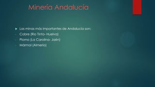 Minería Andalucía
 Las minas más importantes de Andalucía son:
- Cobre (Rio Tinto- Huelva)
- Plomo (La Carolina- Jaén)
- Mármol (Almería)
 