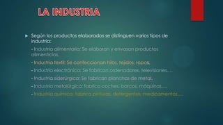  Según los productos elaborados se distinguen varios tipos de
industria:
- Industria alimentaria: Se elaboran y envasan productos
alimenticios.
- Industria textil: Se confeccionan hilos, tejidos, ropas.
- Industria electrónica: Se fabrican ordenadores, televisiones,…
- Industria siderúrgica: Se fabrican planchas de metal.
- Industria metalúrgica: fabrica coches, barcos, máquinas,…
- Industria química: fabrica pinturas, detergentes, medicamentos,…
 
