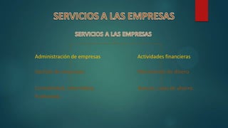 Administración de empresas Actividades financieras
Gestión de empresas: Movimiento de dinero
Contabilidad, informática, Bancos, cajas de ahorro.
Publicidad,…
 