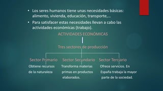 • Los seres humanos tiene unas necesidades básicas:
alimento, vivienda, educación, transporte,…
• Para satisfacer estas necesidades llevan a cabo las
actividades económicas (trabajo).
ACTIVIDADES ECONÓMICAS
Tres sectores de producción
Sector Primario Sector Secundario Sector Terciario
Obtiene recursos Transforma materias Ofrece servicios. En
de la naturaleza primas en productos España trabaja la mayor
elaborados. parte de la sociedad.
 