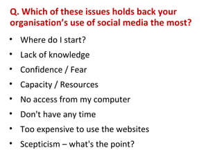 Q. Which of these issues holds back your
organisation’s use of social media the most?
• Where do I start?
• Lack of knowledge
• Confidence / Fear
• Capacity / Resources
• No access from my computer
• Don't have any time
• Too expensive to use the websites
• Scepticism – what's the point?
 