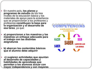  En nuestro país, los planes y
    programas de estudio de los tres
    niveles de la educación básica y los
    materiales de apoyo para la enseñanza
    que se proporcionan a los profesores y
    profesoras constituyen la base para
    la organización y el desarrollo de
    esa tarea, ya que:

 a) proporcionan a los maestros y las
    maestras un enfoque adecuado para
    el trabajo con las distintas
    asignaturas

 b) abarcan los contenidos básicos
    que el alumno debe adquirir

   c) sugieren actividades que apuntan
    al desarrollo de capacidades y
    habilidades de aprendizaje que
    permiten a los alumnos actuar con
    mayor independencia y con mayores
 