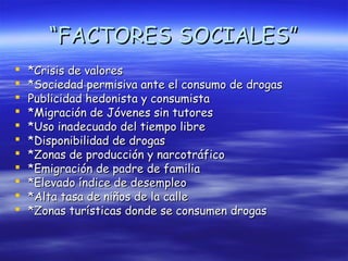 “FACTORES SOCIALES”
   *Crisis de valores
   *Sociedad permisiva ante el consumo de drogas
   Publicidad hedonista y consumista
   *Migración de Jóvenes sin tutores
   *Uso inadecuado del tiempo libre
   *Disponibilidad de drogas
   *Zonas de producción y narcotráfico
   *Emigración de padre de familia
   *Elevado índice de desempleo
   *Alta tasa de niños de la calle
   *Zonas turísticas donde se consumen drogas
 