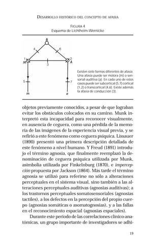 19
DESARROLLO HISTÓRICO DEL CONCEPTO DE AFASIA
objetos previamente conocidos, a pesar de que lograban
evitar los obstáculos colocados en su camino. Munk in-
terpretó esta incapacidad para reconocer visualmente,
en ausencia de ceguera, como una pérdida de la memo-
ria de las imágenes de la experiencia visual previa, y se
refirió a este fenómeno como ceguera psíquica. Lissauer
(1890) presentó una primera descripción detallada de
este fenómeno a nivel humano. Y Freud (1891) introdu-
jo el término agnosia, que finalmente reemplazó la de-
nominación de ceguera psíquica utilizada por Munk,
asimbolia utilizada por Finkelnburg (1870), e impercep-
ción propuesta por Jackson (1864). Más tarde el término
agnosia se utilizó para referirse no sólo a alteraciones
perceptuales en el sistema visual, sino también a las al-
teraciones perceptuales auditivas (agnosias auditivas); a
los trastornos perceptuales somatosensoriales (agnosias
tactiles), a los defectos en la percepción del propio cuer-
po (agnosias somáticas o asomatognosias), y a las fallas
en el reconocimiento espacial (agnosias espaciales).
Durante este periodo de las correlaciones clínico-ana-
tómicas, un grupo importante de investigadores se adhi-
FIGURA 4
Esquema de Lichtheim-Wernicke
Existen siete formas diferentes de afasia.
Una afasia puede ser motora (m) o sen-
sorial-auditiva (a). En cada uno de estos
casos puede ser subcortical (5,7) cortical
(1,2) o transcortical (4,6). Existe además
la afasia de conducción (3).
 