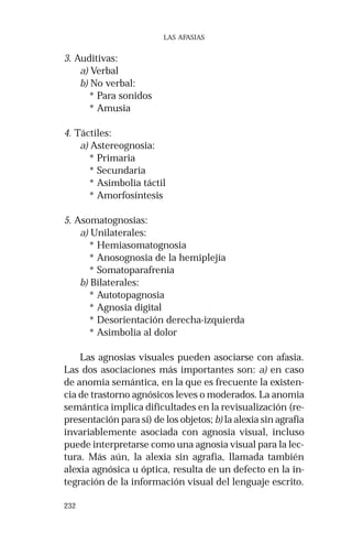 232
LAS AFASIAS
3. Auditivas:
a) Verbal
b) No verbal:
* Para sonidos
* Amusia
4. Táctiles:
a) Astereognosia:
* Primaria
* Secundaria
* Asimbolia táctil
* Amorfosíntesis
5. Asomatognosias:
a) Unilaterales:
* Hemiasomatognosia
* Anosognosia de la hemiplejía
* Somatoparafrenia
b) Bilaterales:
* Autotopagnosia
* Agnosia digital
* Desorientación derecha-izquierda
* Asimbolia al dolor
Las agnosias visuales pueden asociarse con afasia.
Las dos asociaciones más importantes son: a) en caso
de anomia semántica, en la que es frecuente la existen-
cia de trastorno agnósicos leves o moderados. La anomia
semántica implica dificultades en la revisualización (re-
presentación para sí) de los objetos; b) la alexia sin agrafia
invariablemente asociada con agnosia visual, incluso
puede interpretarse como una agnosia visual para la lec-
tura. Más aún, la alexia sin agrafia, llamada también
alexia agnósica u óptica, resulta de un defecto en la in-
tegración de la información visual del lenguaje escrito.
 