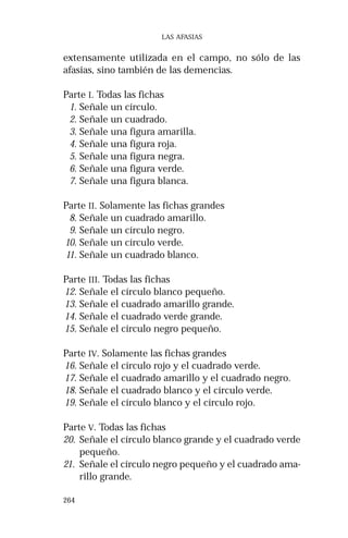 264
LAS AFASIAS
extensamente utilizada en el campo, no sólo de las
afasias, sino también de las demencias.
Parte I. Todas las fichas
1. Señale un círculo.
2. Señale un cuadrado.
3. Señale una figura amarilla.
4. Señale una figura roja.
5. Señale una figura negra.
6. Señale una figura verde.
7. Señale una figura blanca.
Parte II. Solamente las fichas grandes
8. Señale un cuadrado amarillo.
9. Señale un círculo negro.
10. Señale un círculo verde.
11. Señale un cuadrado blanco.
Parte III. Todas las fichas
12. Señale el círculo blanco pequeño.
13. Señale el cuadrado amarillo grande.
14. Señale el cuadrado verde grande.
15. Señale el círculo negro pequeño.
Parte IV. Solamente las fichas grandes
16. Señale el círculo rojo y el cuadrado verde.
17. Señale el cuadrado amarillo y el cuadrado negro.
18. Señale el cuadrado blanco y el círculo verde.
19. Señale el círculo blanco y el círculo rojo.
Parte V. Todas las fichas
20. Señale el círculo blanco grande y el cuadrado verde
pequeño.
21. Señale el círculo negro pequeño y el cuadrado ama-
rillo grande.
 