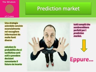 Prediction marketThe Wisdom of CrowsUna strategia aziendale consiste essenzialmente nel raccogliere informazioni da molte fonti diverse tutti compiti che sembrerebbero perfetti per i prediction market. calcolare le probabilità che si verifichino certi esiti e prendere decisioni nonostante il futuro sia incertoEppure…