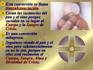 Esta conversión se llama  transubstanciación .  Cesan las sustancias del pan y el vino porque suceden en su lugar el  Cuerpo  y la  Sangre  de  Cristo .  Es una conversión milagrosa. Seguimos viendo el pan y el vino pero substancialmente ya no lo son, porque en ellos está realmente el  Cuerpo, Sangre, Alma y Divinidad de Cristo. 