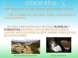 OTROS RÍOS OTROS RÍOS DE LA VERTIENTE MEDITERRÁNEA SON: TER, LLOBREGAT, MIJARES, TURIA, ALMANZORA Y . GUADALHORCE. EN ESTA VERTIENTE HAY MUCHAS  RAMBLAS  Y  TORRENTES  QUE SON CAUCES SECOS QUE SÓLO LLEVAN AGUA CUANDO LLUEVE, SOBRE TODO EN LAS ISLAS BALEARES. Estiaje en la Rambla del Agua Amarga (Murcia). Torrente de Coa Negra (Baleares) 