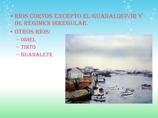 Ríos cortos excepto el Guadalquivir y de régimen irregular. Otros ríos: Odiel Tinto Guadalete 