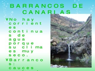 BARRANCOS DE CANARIAS No hay corrientes continuas de agua porque su clima es muy seco. Barrancos: cauces profundos por donde corre el agua cuando llueve. Barrancos de las Angustias. Barranco del Infierno. 
