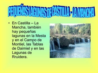 En Castilla – La Mancha, también hay pequeñas lagunas en la Mesta y en el Campo de Montiel, las Tablas de Daimiel y en las Lagunas de Rruidera. PEQUEÑAS LAGUNAS DE CASTILLA - LA MANCHA 
