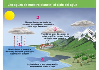 Las aguas de nuestro planeta: el ciclo del agua



                                    2
                      El vapor de agua asciende, se
                   condensa sobre el polvo atmosférico
                         y dan lugar a las nubes.
                                                         3
                                         Cuando las gotas de agua de las
                                         nubes se enfrían caen en forma
                                            de lluvia, nieve o granizo.


              1
   El Sol calienta la superficie
terrestre y esto hace que el agua
     superficial se evapore.


                                         4
                         La lluvia llena el mar, donde vuelve
                           a comenzar de nuevo el ciclo.
 
