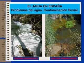 EL AGUA EN ESPAÑA
Problemas del agua. Contaminación fluvial.




 VERTIDOS INDUSTRIALES   VERTIDOS AGROPECUARIOS
 