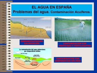 EL AGUA EN ESPAÑA
Problemas del agua. Contaminación Acuíferos.




    SOBREEXPLOTACIÓN
      SALINIZACIÓN           CONTAMINACIÓN POR
                          PESTICIDAS Y FERTILIZANTES




                        CONTAMINACIÓN POR
                       DESPERDICIOS SÓLIDOS
 