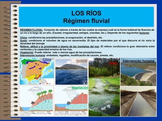 LOS RÍOS
                                    Régimen fluvial
RÉGIMEN FLUVIAL: Conjunto de valores a través de los cuales se expresa cuál es la forma habitual de fluencia de
un río a lo largo de un año. (Caudal, irregularidad, estiajes, crecidas, etc.). Depende de los siguientes factores:
Clima: condiciona las precipitaciones, la evaporación, el deshielo, etc.
Suelo: condiciona el volumen de agua en escorrentía. El tipo de materiales por el que discurre el río varía la
densidad del drenaje
Relieve, altitud y la proximidad o lejanía de las montañas del mar. El relieve condiciona la gran disimetría entre
vertientes y la capacidad erosiva de los ríos.
Vegetación. Puede retener más o menos agua de las precipitaciones.
Intervención humana: embalses, regadíos, modificación de cauces, presas, etc.
                   Clima                        Relieve                                 Intervención humana
                                                                            Suelo




                                            Vegetación
 
