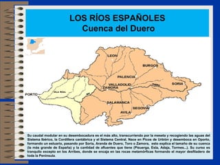 LOS RÍOS ESPAÑOLES
                           Cuenca del Duero




Su caudal modular en su desembocadura es el más alto, transcurriendo por la meseta y recogiendo las aguas del
Sistema Ibérico, la Cordillera cantábrica y el Sistema Central. Nace en Picos de Urbión y desemboca en Oporto,
formando un estuario, pasando por Soria, Aranda de Duero, Toro o Zamora, esto explica el tamaño de su cuenca
(la más grande de España) y la cantidad de afluentes que tiene (Pisuerga, Esla, Adaja, Tormes...). Su curso es
tranquilo excepto en los Arribes, donde se encaja en las rocas metamórficas formando el mayor desfiladero de
toda la Península.
 