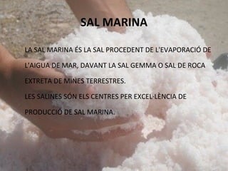 SAL MARINA
LA SAL MARINA ÉS LA SAL PROCEDENT DE L'EVAPORACIÓ DE
L'AIGUA DE MAR, DAVANT LA SAL GEMMA O SAL DE ROCA
EXTRETA DE MINES TERRESTRES.
LES SALINES SÓN ELS CENTRES PER EXCEL·LÈNCIA DE
PRODUCCIÓ DE SAL MARINA.
 